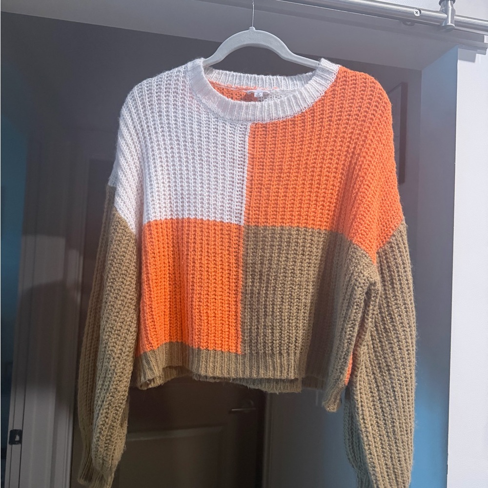 Vibrant Colorblock Sweater - Orange, White, and Tan